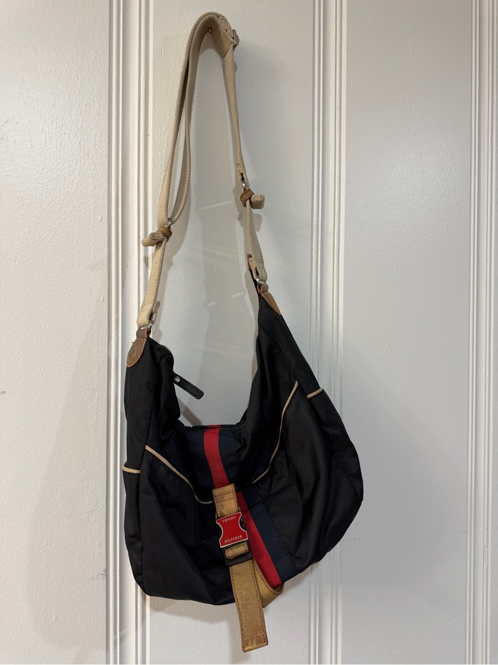 Tommy Hilfiger Black Shoulder Bag with Red & Navy Stripe